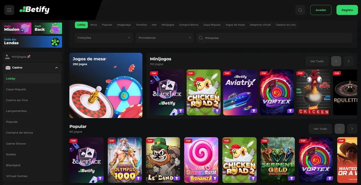 Catálogo de jogos da Betify PT: Slots, casino ao vivo e apostas desportivas